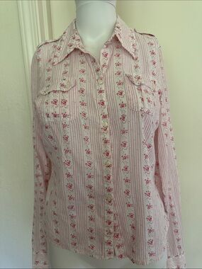 Hollister Pink Floral Print Womens Button Up‎ Slim Fit Western Shirt sz Medium